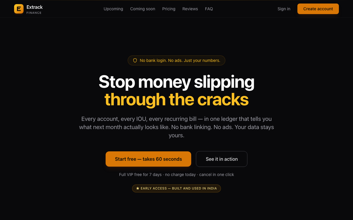 The Extrack website, live